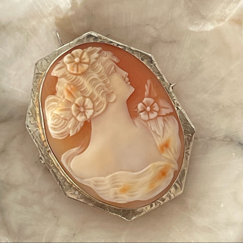 Solid 14K Antique white gold cameo Art Deco Goddess Victorian Pendant brooch pin - Picture 4 of 17